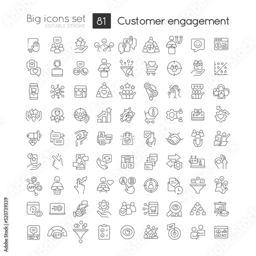 Customer engagement linear icons set. Ecommerce. Marketing strategies. Customizable thin line symbols. Isolated vector outline illustrations. Editable stroke. Quicksand-Light font used