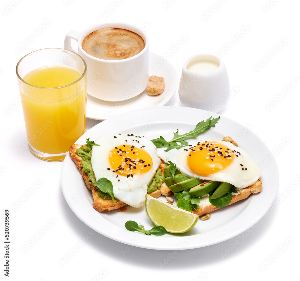 sliced avocado and fried egg on toasted bread isolated on white background sliced avocado and fried egg on toasted bread isolated on white background