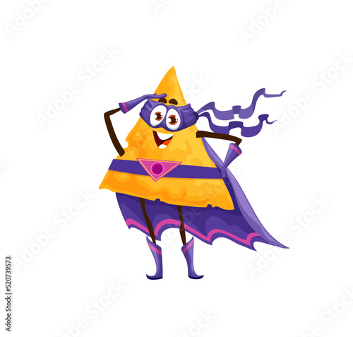 Cartoon mexican nachos superhero character. Cheerful mexican food chips, fast food meal hero mascot personage. Isolated comical nachos in mask and cloak superhero or cute defender character