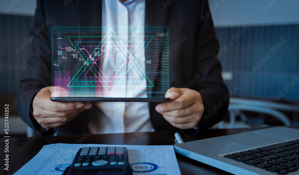 Fototapeta premium Business people hands working on network and digital finance marketing chart with future technology innovation and digital transformation concept.