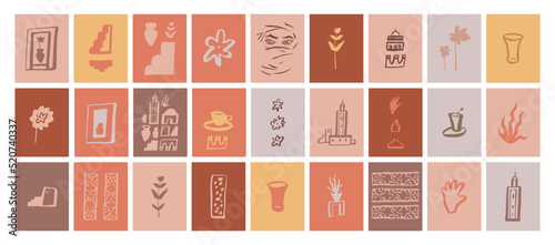 Vector boho abstract set of Morocco-inspired hand drawn posters. Abstract organic aesthetic wall art. Esoteric Bohemian Moroccan wall art illustration. Medina architecture pottery earth tone postcards