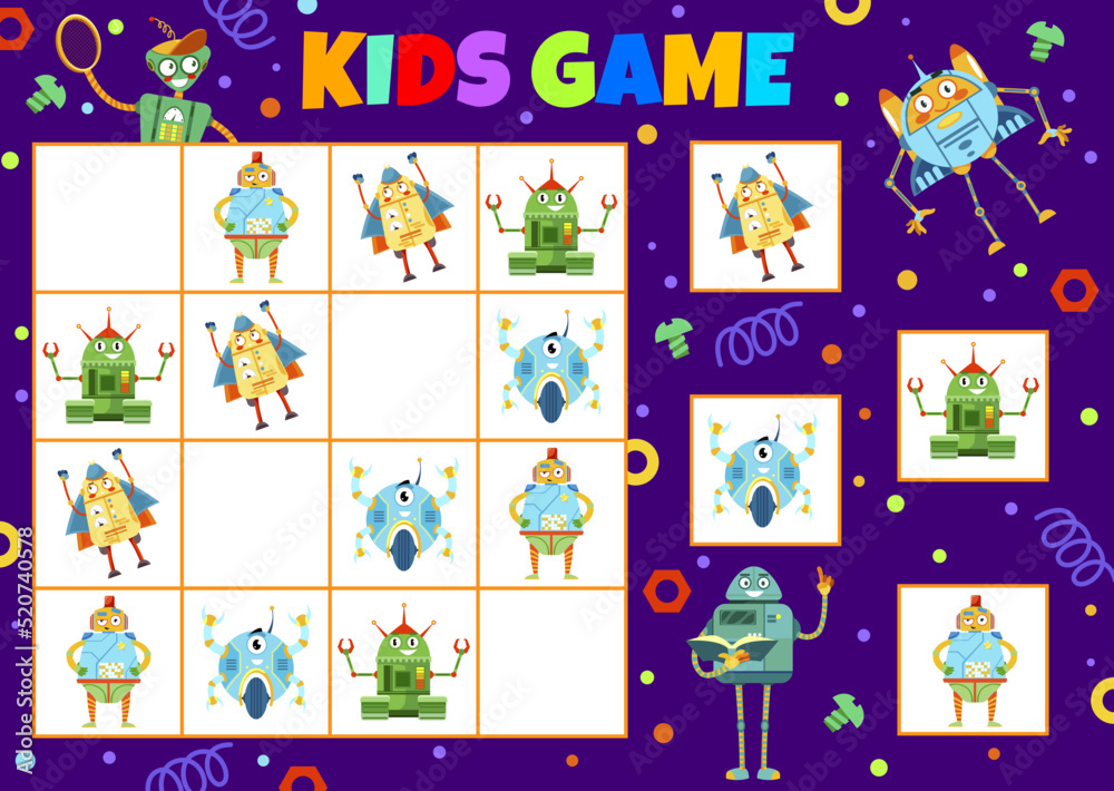 Fototapeta premium Cartoon funny robots, sudoku kids game worksheet and vector tabletop board game. Sudoku puzzle or find and match riddle game with robotic droids, android cyborgs and space bots