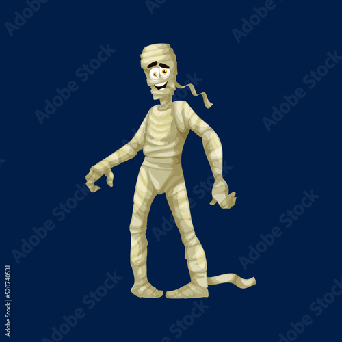 Cartoon spooky mummy Halloween character, vector funny bandaged monster. Costume for trick or treat party for kids, horror mascot with happy smiling face and bandage on body isolated personage