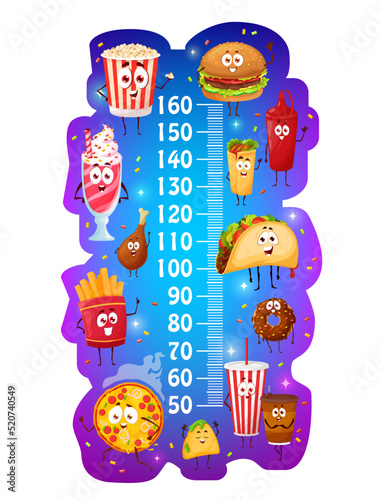 Kids height chart cartoon fast food characters Vector wall sticker growth meter with cute fastfood donut, popcorn and pizza, tacos and burrito, coffee and soda,nachos chips, burger and french fries
