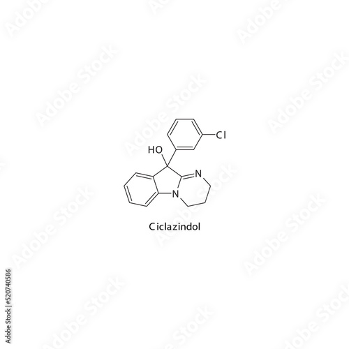 Ciclazindol molecule flat skeletal structure, Selective NRI - Selective norepinephrine reuptake inhibitor class drug used in depression, obesity treatment. Vector illustration on white background.