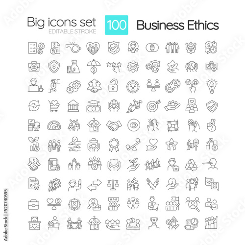 Organizational ethics linear icons set. Effective interaction. Collaboration, support. Customizable thin line symbols. Isolated vector outline illustrations. Editable stroke. Quicksand-Light font used