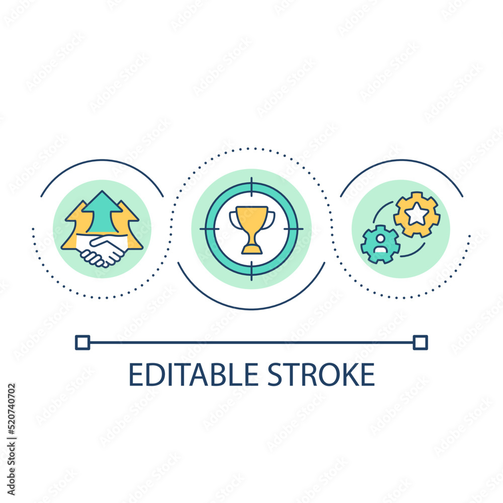 Goal-setting process with colleagues loop concept icon. Effective teamwork abstract idea thin line illustration. Successful team functioning. Isolated outline drawing. Editable stroke. Arial font used Goal-setting process with colleagues loop concept icon. Effective teamwork abstract idea thin line illustration. Successful team functioning. Isolated outline drawing. Editable stroke. Arial font used