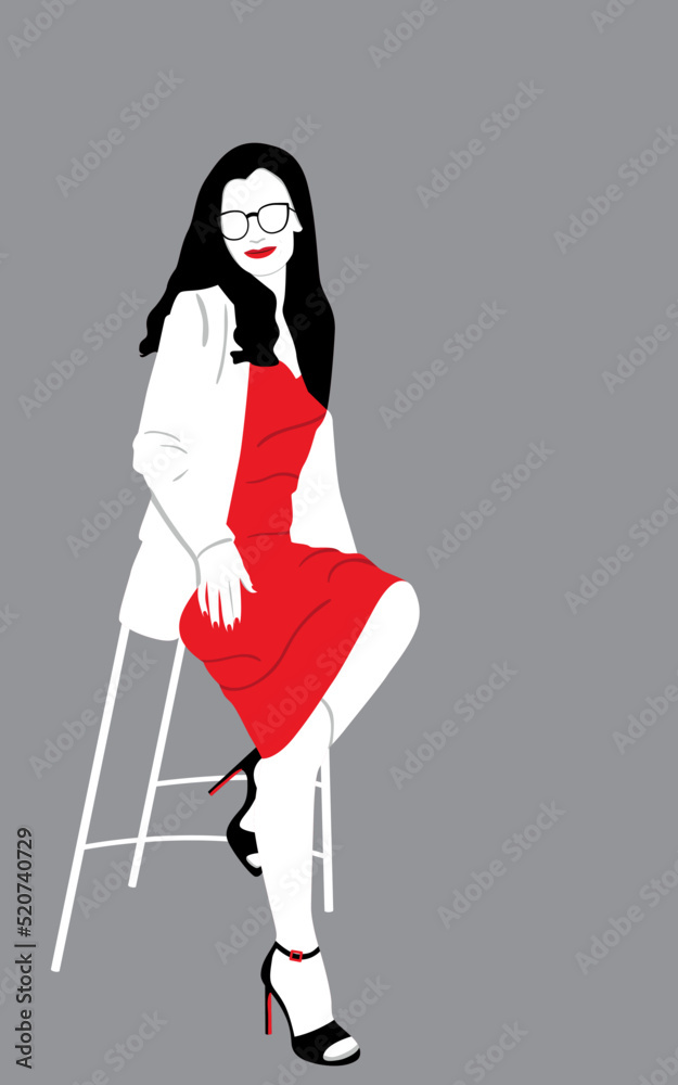 Young attractive woman sitting on the chair. Red dress. A woman in glasses posing. Elegant woman. Vector illustration Young attractive woman sitting on the chair. Red dress. A woman in glasses posing. Elegant woman. Vector illustration