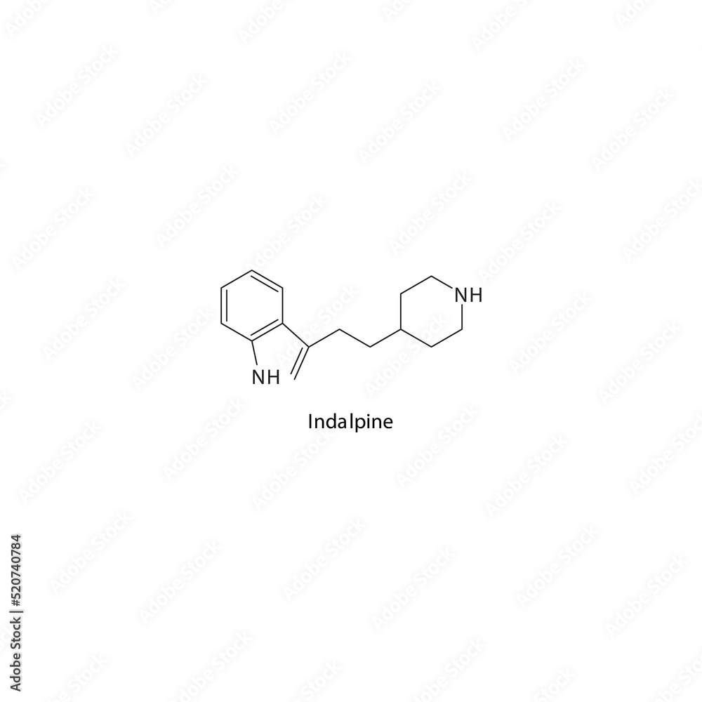Fototapeta premium Indalpine molecule flat skeletal structure, SSRI - Selective serotonin reuptake inhibitor class drug used in depression treatment. Vector illustration on white background.