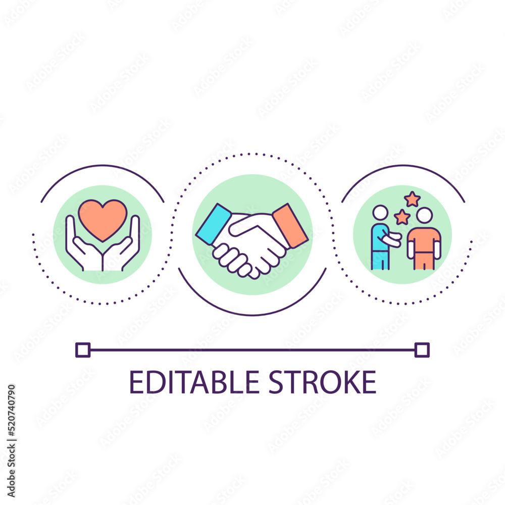 Showing empathy and respect loop concept icon. Demonstrating compassion at work abstract idea thin line illustration. Expressing love. Isolated outline drawing. Editable stroke. Arial font used