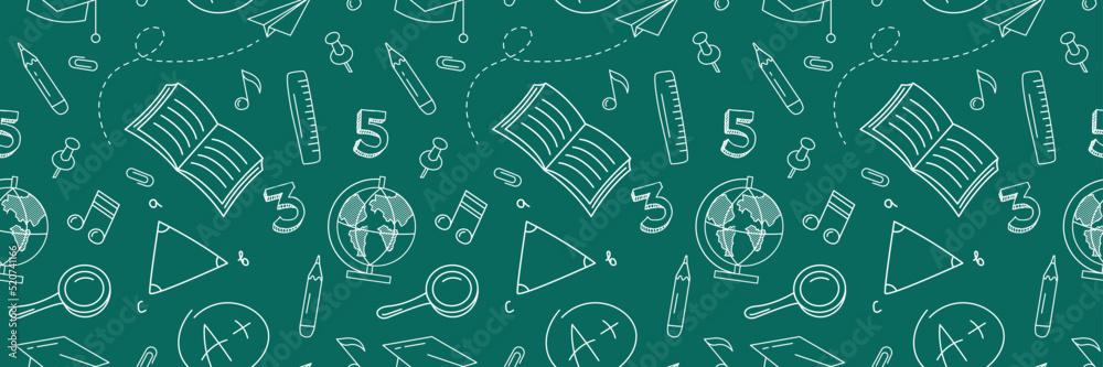 Seamless pattern with school doodles. Back to school hand drawn background for notebook, sketchbook. Learning, knowlege, skill concept. Seamless background with with stationery icons.