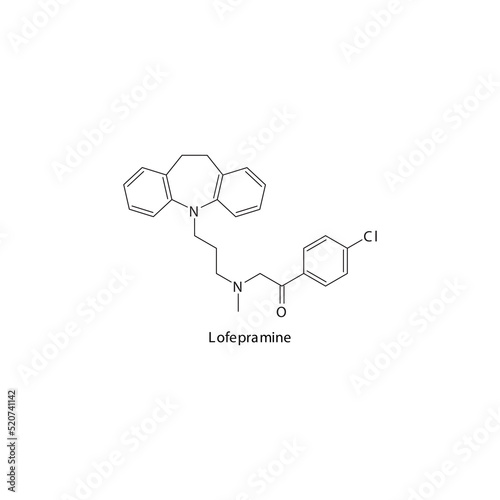 Lofepramine molecule flat skeletal structure, TCA - Tricyclic antidepressant class drug used in depression treatment. Vector illustration on white background.