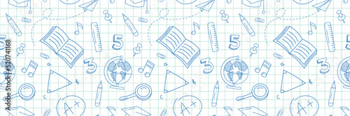 School seamless background. Education, science concept. Back to school pen doodles seamless pattern. Seamless pattern with doodles of school supplies drawn by a pen on a notebook sheet photo
