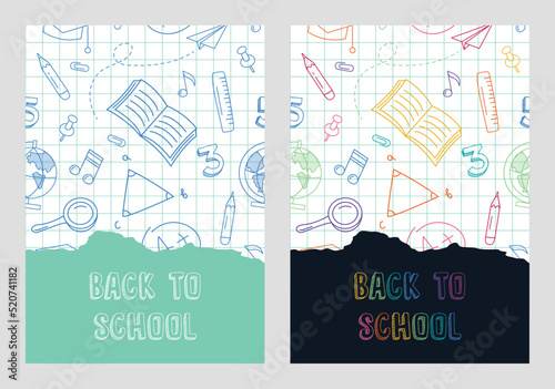 Set of Back to School banners with hand draw doodle background. Banner Design with place for text. Abstract blackboard. Sketchy background with hand drawn school supplies. Vector illustration