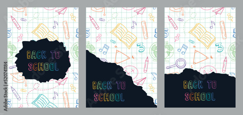 Back to school. Set of trendy hand drawn school elements in doodle style and lettering on a sheet of paper. Torn sheet of paper. Concept of education. Create poster, cover, card, print, banner