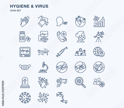 Hygiene and covid virus outline icon set