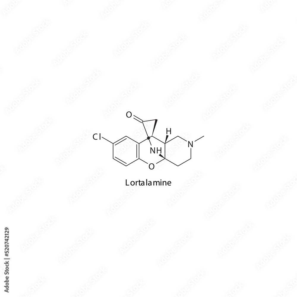 Lortalamine molecule flat skeletal structure, Selective NRI - Selective norepinephrine reuptake inhibitor class drug used in research. Vector illustration on white background. Lortalamine molecule flat skeletal structure, Selective NRI - Selective norepinephrine reuptake inhibitor class drug used in research. Vector illustration on white background.