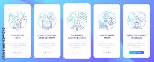 Energy efficiency at work blue gradient onboarding mobile app screen. Walkthrough 5 steps graphic instructions with linear concepts. UI, UX, GUI template. Myriad Pro-Bold, Regular fonts used