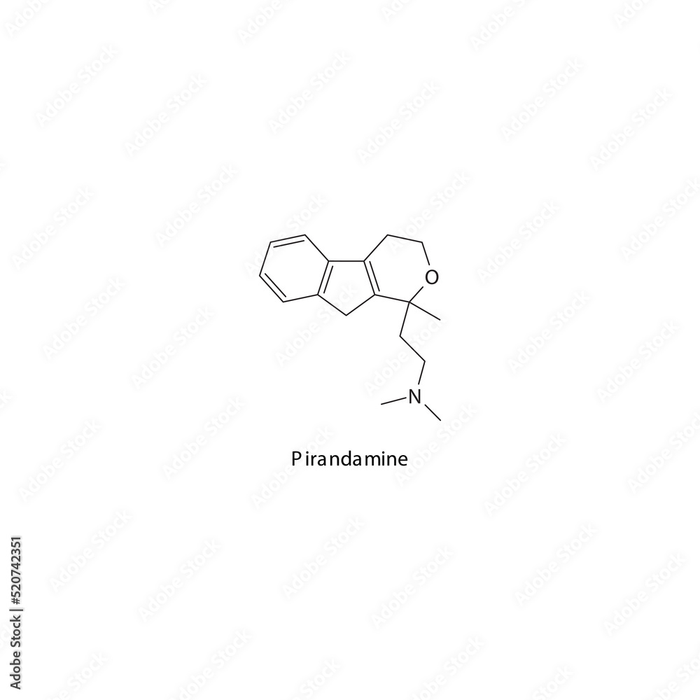 Pirandamine molecule flat skeletal structure, SSRI - Selective serotonin reuptake inhibitor class drug used in depression treatment. Vector illustration on white background. Pirandamine molecule flat skeletal structure, SSRI - Selective serotonin reuptake inhibitor class drug used in depression treatment. Vector illustration on white background.