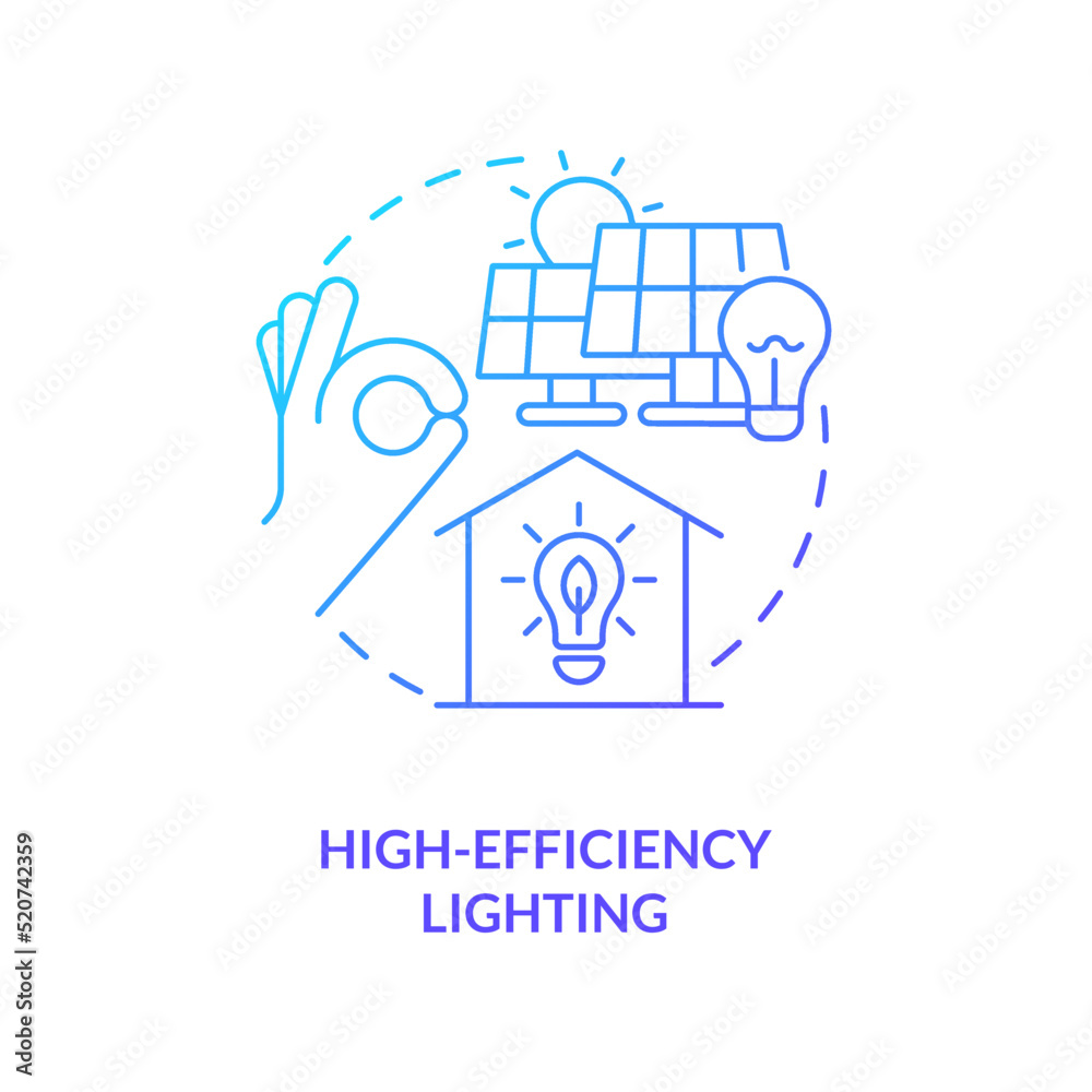 Obraz premium High efficiency lighting blue gradient concept icon. Solar power panels. Farm energy efficiency abstract idea thin line illustration. Isolated outline drawing. Myriad Pro-Bold font used