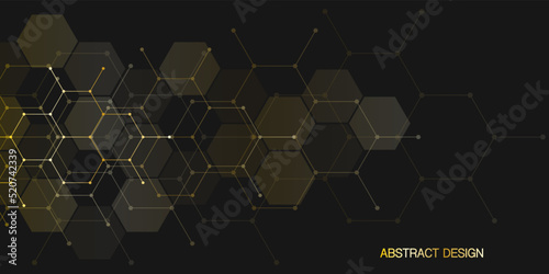 Abstract design element with geometric background and golden hexagons shape pattern