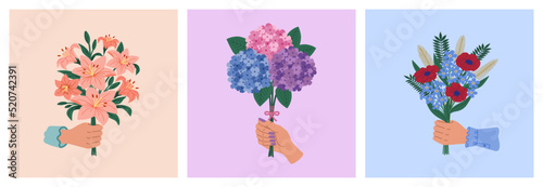 Set of three bouquets in hands. Hydrangea, lilies and wild flowers. Blooming flowers for congratulation. Holiday gift. Hand drawn vector illustration isolated on color background. Flat cartoon style.