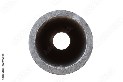 Concrete pipe isolated on white background. Side view, cross-section of a concrete drainage pipe.
