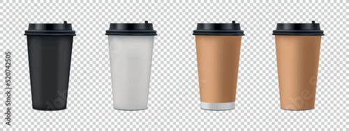 Realistic Coffee Paper Cup Set With Lid - Vector Illustrations Isolated On Transparent Background