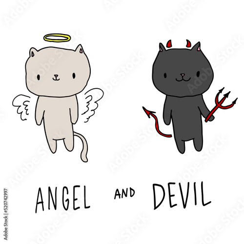 Little cute white and black cat with text angel, devil. Child cartoon character on an isolated background. Baby print, banner, brochure.