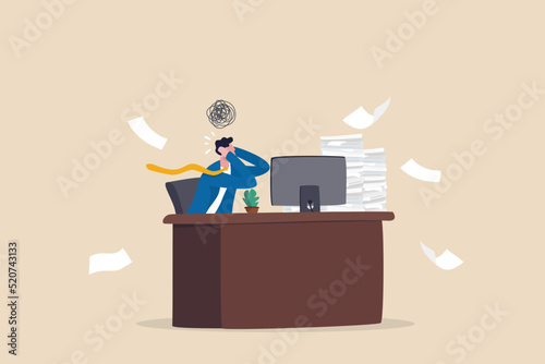 Work stress, tired or fatigue from overworked, busy to finish project within deadline, anxiety or exhaustion, headache concept, frustrated businessman sitting on office desk with busy unfinished work.