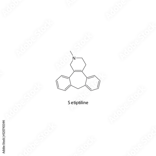 Setiptiline molecule flat skeletal structure, TeCA - Tetracyclic antidepressant class drug used in depression treatment. Vector illustration on white background.