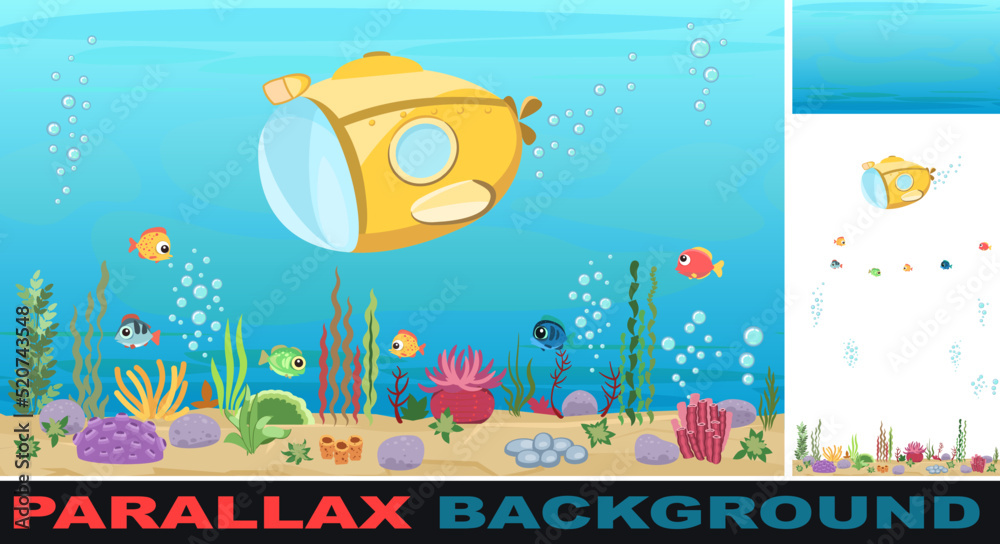 Naklejka premium Bottom of reservoir with fish. Set parallax effect. Yellow Submarine. Blue water. Sea ocean. Underwater landscape with animals, plants, algae and corals. Illustration in cartoon style. Vector art