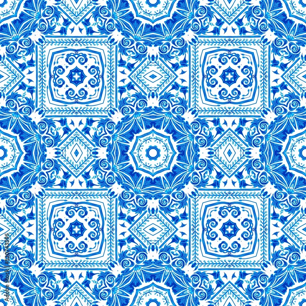 Blue white watercolor azulejos tile background. Seamless coastal geometric floral mosaic effect. Ornamental arabesque all over summer fashion damask repeat