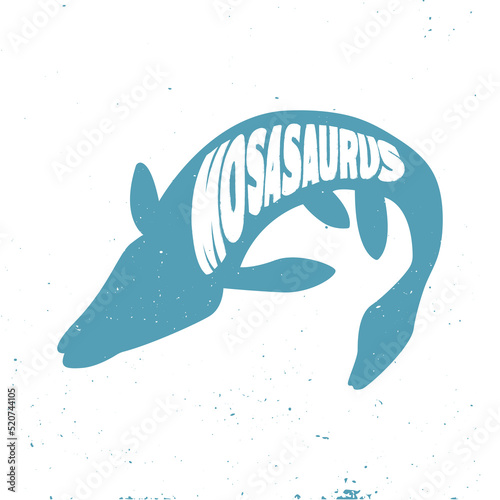 Mosasaurus colorful dinosaur with lettering and texture. Vector illustration.
