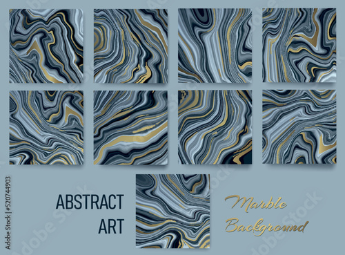 Set of Marble Backgrounds in blue tones with gold veins. Vector.