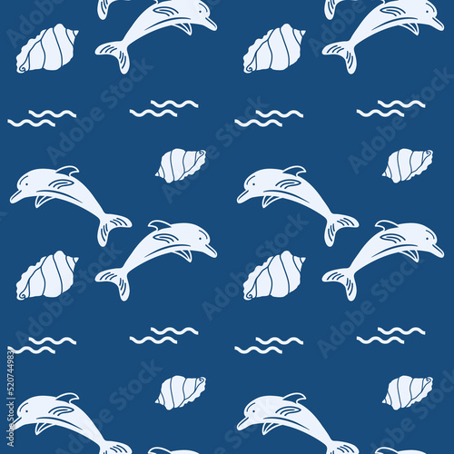 Seamless pattern with seashells and dolphins on a blue background