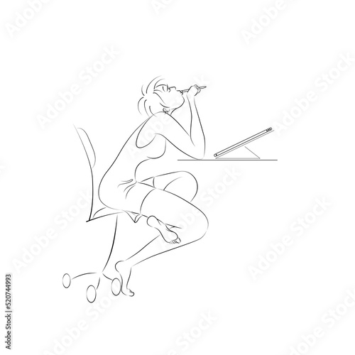 Girl freelancer blogger at home with a tablet thought about solving a work task. The concept of the problem of burnout at work.