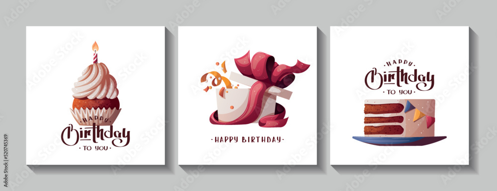 Set of Birthday cards with cake, cupcake and gift box. Handwritten lettering. Birthday party, celebration, congratulations, invitation concept. Square vector illustration. Postcard, card, cover.