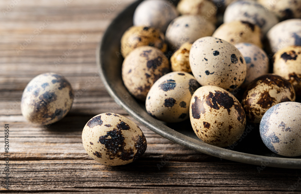 Many quail eggs placed against a wooden background. Many quail eggs placed against a wooden background.