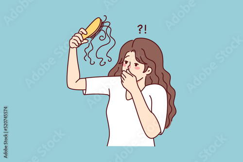 Unhappy woman frustrated with hair loss. Upset female stressed with hair thinning need medical treatment or procedure. Vector illustration. 