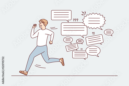 Unhappy stressed man running from messages and text notices. Anxious guy quit notifications feel annoyed and overwhelmed with spam. Vector illustration. 