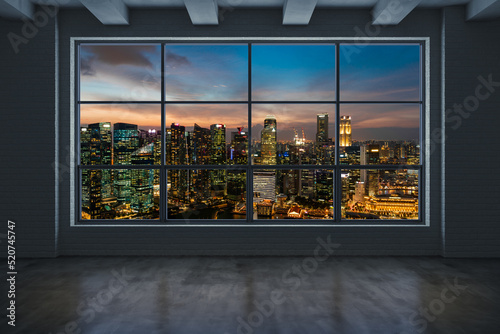 Downtown Singapore City Skyline Buildings from High Rise Window. Beautiful Expensive Real Estate overlooking. Empty room Interior Skyscrapers View. Night time. 3d rendering.