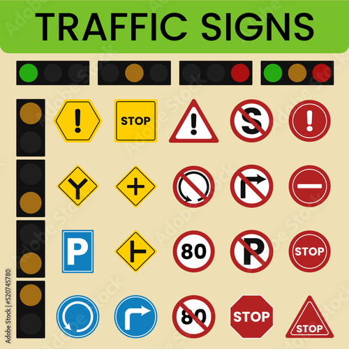 Collection of warnings, mandatory, prohibitions and information traffic signs. Collection of traffic signs Vector illustration. photo