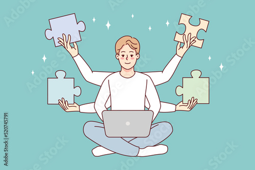 Man working on laptop solving business problem. Male employee with jigsaw puzzles above head use computer find issue solution. Vector illustration. 