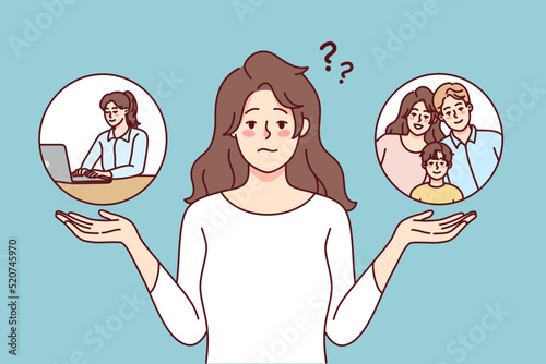 Frustrated woman making decision between family and work. Unhappy confused female think compare motherhood and job. Dilemma concept. Vector illustration. 
