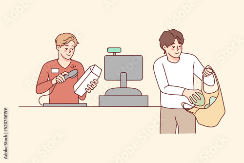 Man buying groceries in supermarket. Cashier beep sell products to male client in store. Consumerism and shopping. Vector illustration. 