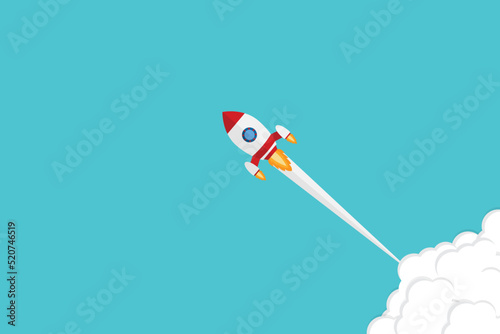 App launch. Startup vector concept, flat cartoon rocket or rocketship launch, mobile phone or smartphone, idea of successful business project start up, boost technology, innovation. 