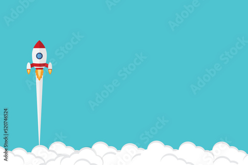 App launch. Startup vector concept, flat cartoon rocket or rocketship launch, mobile phone or smartphone, idea of successful business project start up, boost technology, innovation.	