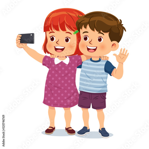 Cute boy and girl are using smartphones to take a selfie together