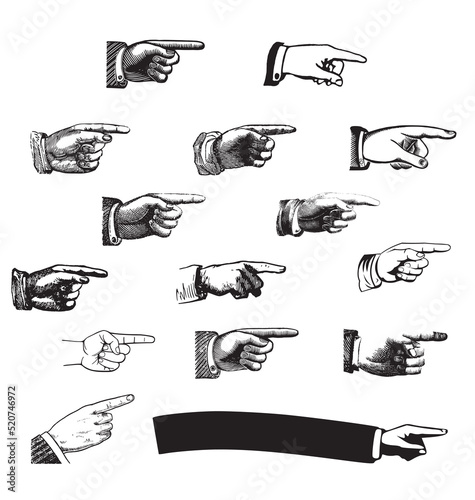 pointing fingers vintage etching illustration set